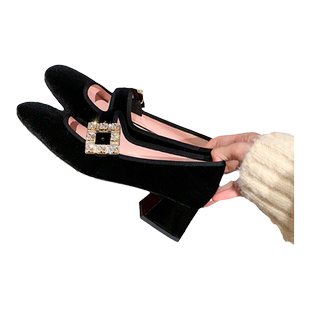 复古粗跟玛丽珍鞋女秋冬水钻方扣法式中高跟丝绒漆皮方头平底单鞋