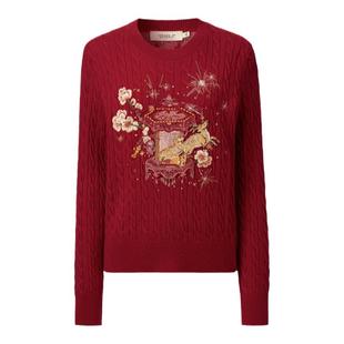 【金陵家宴】VGRASS维格娜丝宫灯绣花圆领针织衫春季新红色上衣女