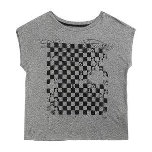 no E mosen（noE）棋盘格摇滚人像印花羊毛亲肤大领口宽松短袖