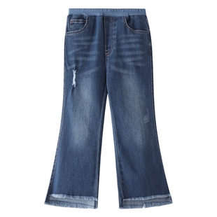 安奈儿童装女童牛仔单裤秋新款微喇弹力甜美时尚流苏长裤