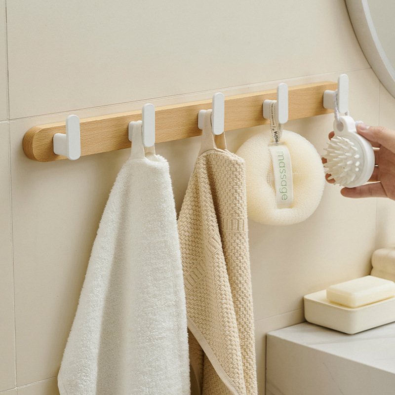 实木玄关挂衣钩进门挂衣架免打孔日式榉木入户排钩卫生间门后挂钩