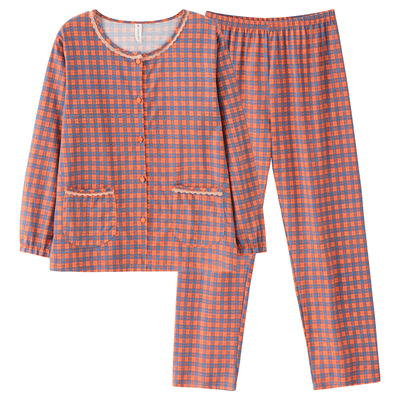 睡衣女长袖纯棉圆领开衫春秋