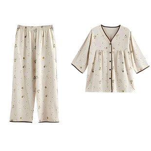浪莎带胸垫睡衣女夏季云朵棉七分袖九分裤薄款韩式家居服两件套装