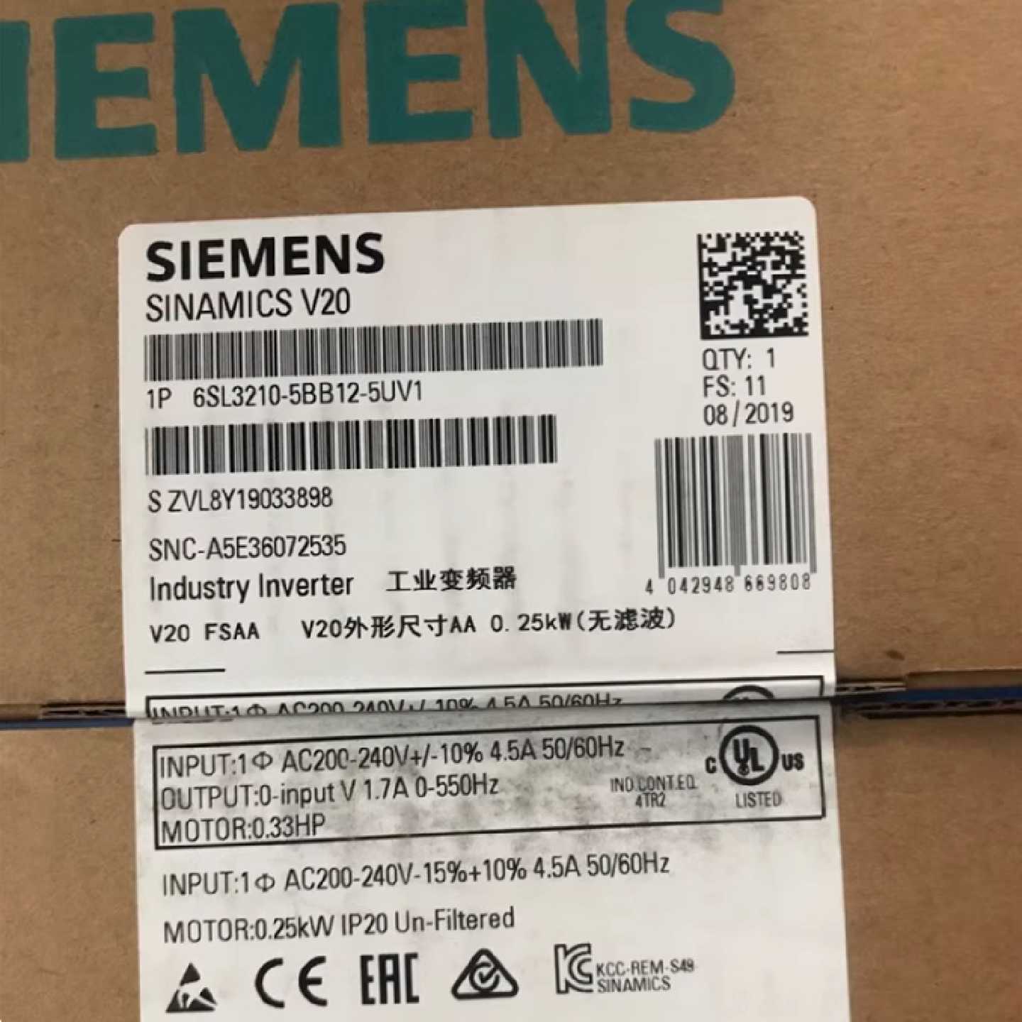 议价6SL32105BB125UV1西门子V20 220V 0.2KW变频器6SL3210-5BB12- - 实物图