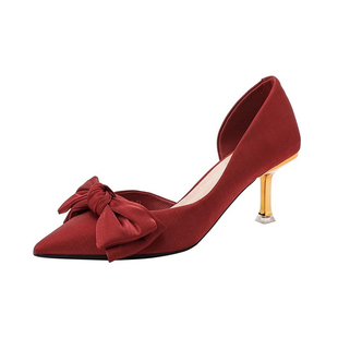 法式复古红色高跟婚鞋侧空2026新款气质尖头细跟蝴蝶结主婚订婚鞋