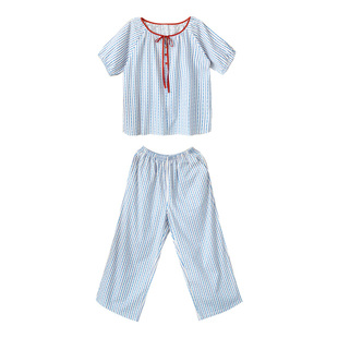 Fishhome原创时尚红蓝条纹圆领纯棉短袖八分裤家居服睡衣可外穿