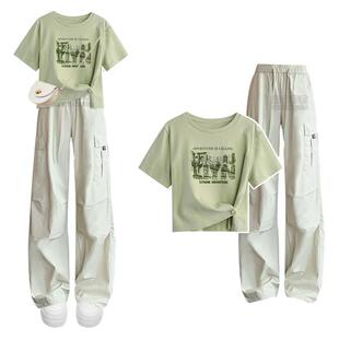 女童夏季工装裤套装2025新款中大童正肩短袖T恤初中生夏装阔腿裤