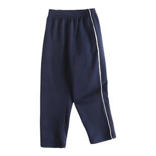 男女童纯棉弹力一道细杠条纹运动裤儿童酒红学生直筒加绒校服裤子