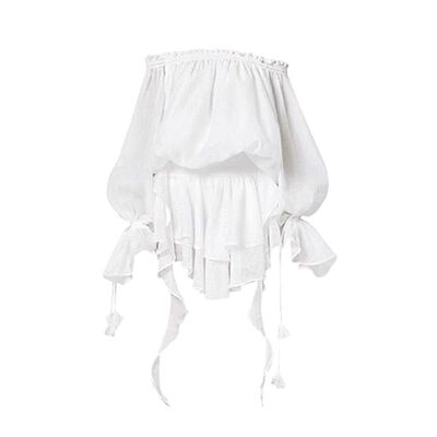 白色纯欲一字肩不规则连衣裙套装