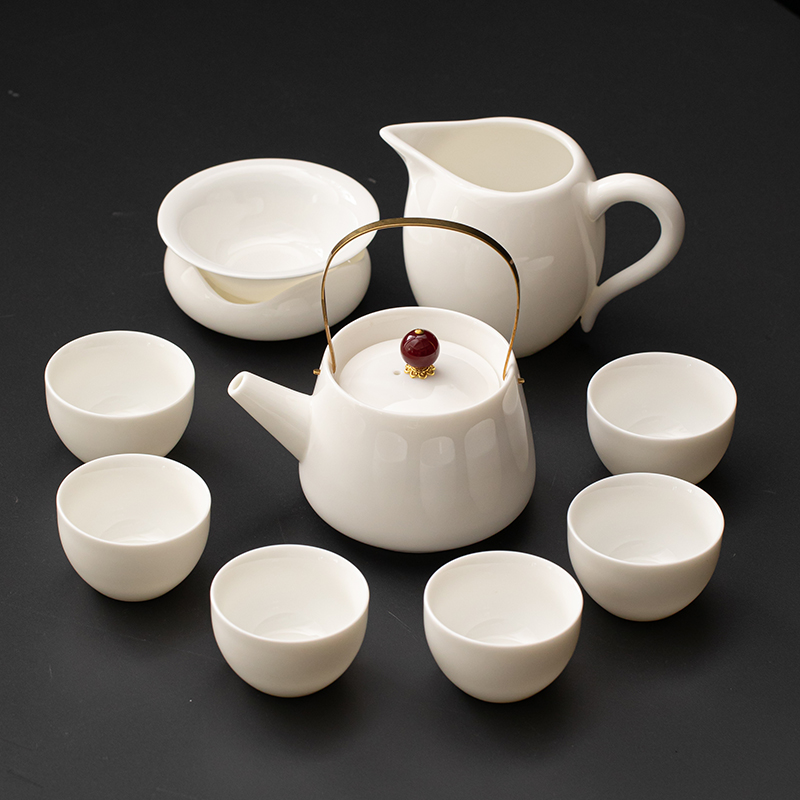 羊脂玉白瓷功夫茶具套装家用高档德化陶瓷提梁泡茶壶盖碗茶杯茶盘
