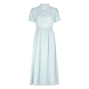 固执夏季新款新中式刺绣连衣裙小立领泡泡短袖中长款A字裙女