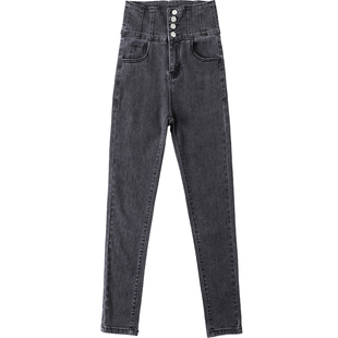 加长加绒加厚高腰牛仔裤女高个子烟灰秋冬紧身显瘦小脚铅笔裤314