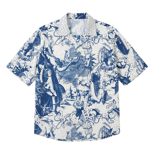 邓为同款衣服浅蓝色浮雕印花古巴领衬衫男短袖高级感夏季痞帅衬衣