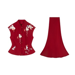 MOPASSANT【红鸾】新中式红色婚礼订婚敬酒服新娘缎面礼服套装