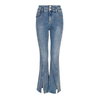 Migaino曼娅奴女装秋冬新款复古高腰显瘦微喇开叉牛仔裤