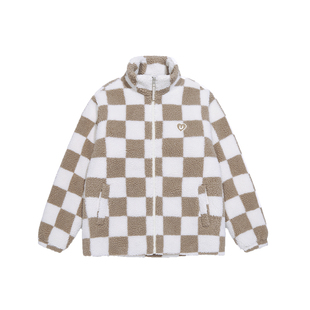 GUUKA卡其色棋盘格羊羔绒棉服女款2026新款冬 爱心牙刷绣棉服外套