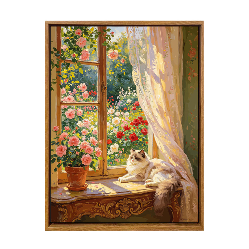 莫奈的花园窗边猫咪DIY数字油画