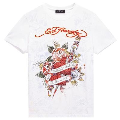 Ed Hardy埃德哈迪春季流行白色合身水浆印烫钻新款女士短袖T恤