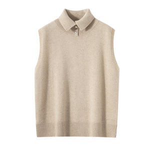 秋冬100%纯山羊绒衫学院风POLO领马甲女无袖针织背心深灰色通勤