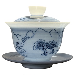 潮州枫溪窑90年代冰种羊脂玉纯手绘茶碗冰透青花手绘白瓷三才盖碗