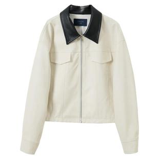 三彩2026春季新款宽松短款PU皮外套撞色翻领夹克上衣拉链开衫M