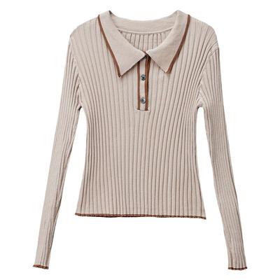 polo领薄款针织衫女翻领高腰毛衣