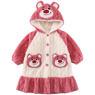 女童卡通睡袍珊瑚绒冬装小童花边睡衣卡通加厚公主宝宝甜美家居服