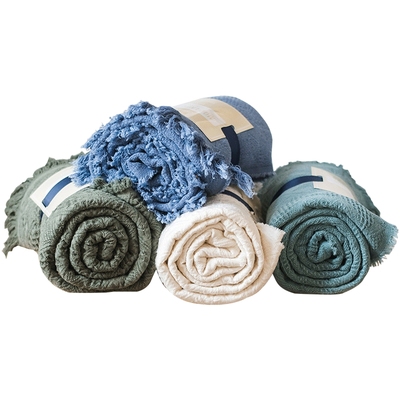 莫兰迪色系纯棉提花流苏毯子掬涵