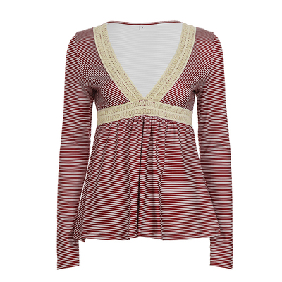 WEEKEEP 古早感辣妹蕾丝拼接V领低胸条纹长袖T恤高腰A摆显瘦上衣