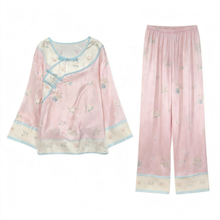 猫人带胸垫冰丝睡衣女春秋季新中式风宫廷风长袖长裤家居服礼盒装