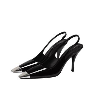 LUKE包头凉鞋女春季新款金属方头真皮法式走秀高跟鞋气质高级单鞋