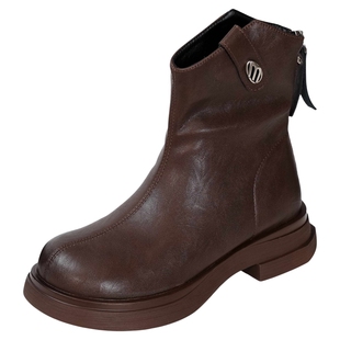 木林森女鞋2025冬季新款美拉德时装靴子女后拉链休闲西部牛仔短靴