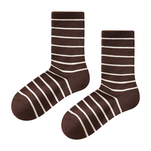 条纹袜子女款秋冬纯棉中筒袜美拉德咖色棉袜配鲨鱼裤运动长袜冬季