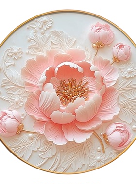 牡丹花圆形挂画奶油风客厅装饰画高级感玄关画花开富贵卧室床头画