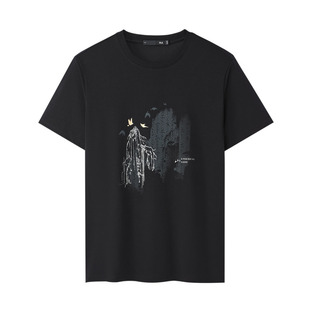 HLA海澜之家黑色短袖t恤男士上衣2025夏新款时尚宽松印花体恤半袖