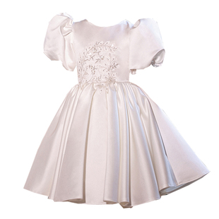 女童缎面生日公主裙高定花童女孩白色儿童主持人钢琴演奏礼服洋气