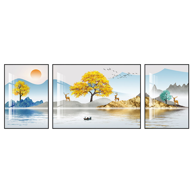 2026年新款高级感客厅装饰画沙发背景墙山水风景挂画三联壁画轻奢