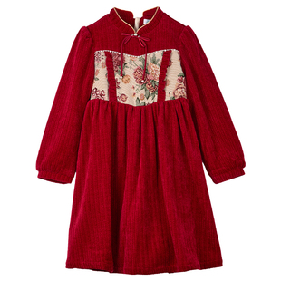 【商场同款】厵yuan女童春秋连衣裙新款红色年服中国风裙子演出服