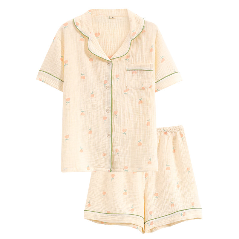 女棉麻可爱休闲短袖开衫家居服