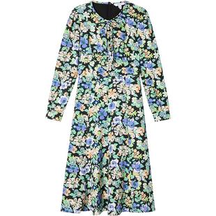 LK BENNETT绿色花卉印花裙冬新款精致珠扣领部蝴蝶结系带