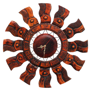 原木墙上装饰家居墙面挂件太阳木雕好日子钟表木质壁挂艺术品挂饰