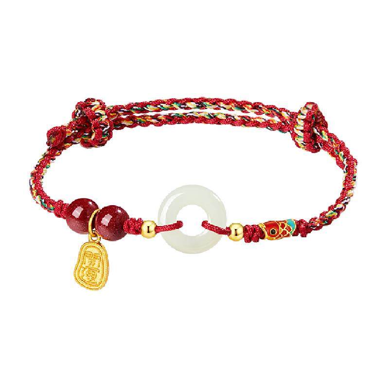 中国黄金珍尚银和田玉手链纯银平安扣手绳锦鲤上岸送女友闺蜜S925