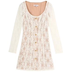 bebe2025秋季新款女士白色小香风蕾丝收腰修身长袖连衣裙350006