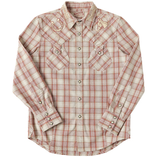 MBBCAR窄幅 西部系列9.8OZ野马粉色格子牛皮压绳绣复古西部衬衫