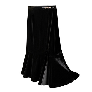 复古华丽！真丝丝绒优雅荷叶边鱼尾半裙链条扣袢高腰侧开叉半身裙