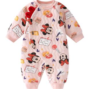 迪士尼婴儿连体衣小月龄宝宝秋冬加厚保暖哈衣新生儿超萌米妮爬服