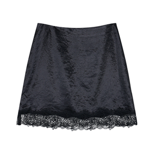 pusumede 惬意美感 法式缎面半身裙女设计感蕾丝拼接a字包臀短裙