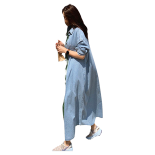 春秋长款过膝牛仔外套女韩版新款bf风长袖衬衫百搭休闲风衣开衫潮