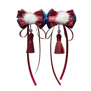 中国风新年红色貂毛儿童发夹毛球流苏对夹女宝宝古风汉服公主发卡