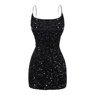 辣妹黑色闪闪亮片吊带连衣裙2025秋季性感名媛收腰显瘦包臀短裙